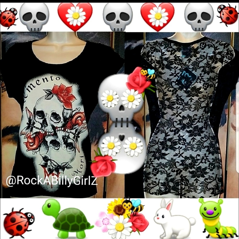 Too Fast Memento Mori Skull Roses Tattoo Art Top w Full Black Floral Lace Back